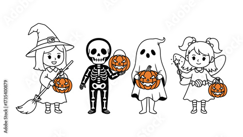 Halloween Costumes: A cheerful illustration showcases four children dressed in classic Halloween costumes, each holding a jack-o'-lantern, ready for a night of trick-or-treating.