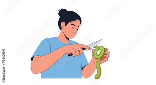 Woman delicately peeling a vibrant kiwi fruit with a knife, preparing for a refreshing and healthy snack depicted in a minimalistic illustration style