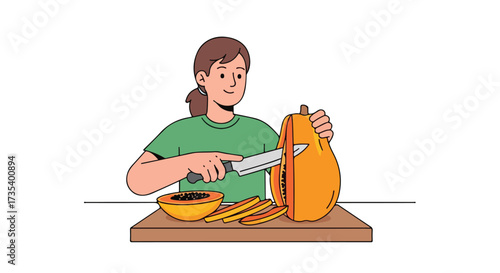 Woman slicing a fresh papaya with a knife on a wooden board demonstrating tropical fruit preparation skills meticulously