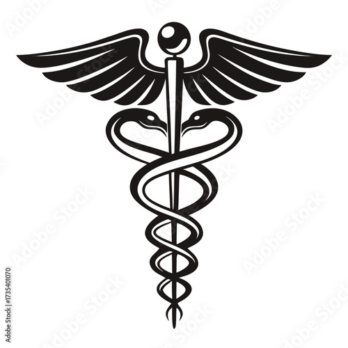 Stylized Black Caduceus Medical Symbol with Spread Wings and Coiled Snakes on White Background
