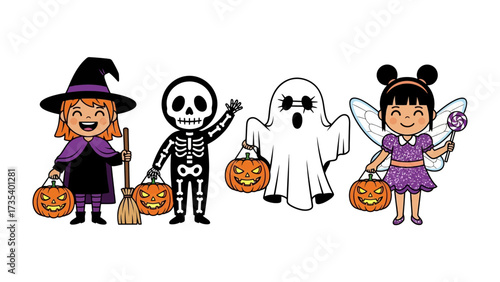 Spirited Halloween Gathering: Festive illustrated characters in charming costumes—a friendly witch, a playful skeleton, a whimsical ghost.