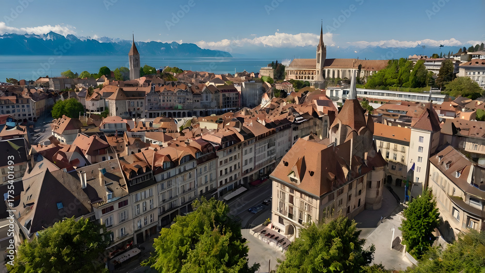 Fototapeta premium Highlights in this city include a visit to the Harder Kulm viewpoint and a relaxing boat cruise on the lake.