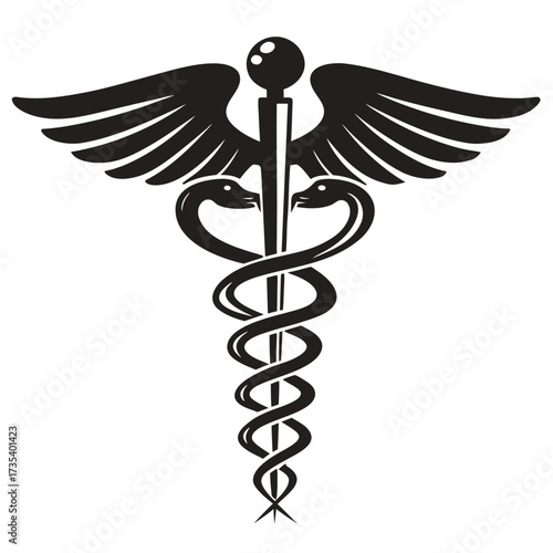 Stylized Black Caduceus Medical Symbol with Two Snakes and Wings on White Background Keywords: caduceus, medical symbol, healthcare, medicine, snake, serpent, wings, staff, rod, healing, doctor