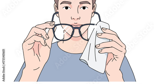 Illustration showcasing a man meticulously cleaning his eyeglasses with a white cloth for improved clarity and visual precision