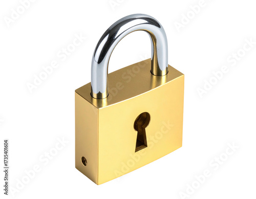 A golden, shiny padlock with a silver shackle against a black background