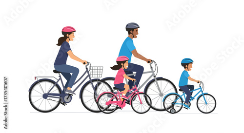 Happy family cycling together, promoting healthy lifestyle and family fun. Suitable for advertisements, educational materials, and illustrations about health, recreation, and family activities.