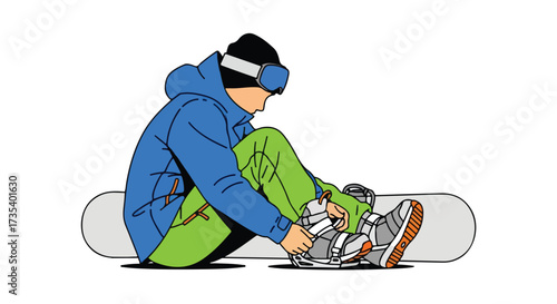 A Focused Snowboarder Preparing for the Slopes: Securing His Boots with Precision and Anticipation as He Ready for Action on a Winter Adventure Ride