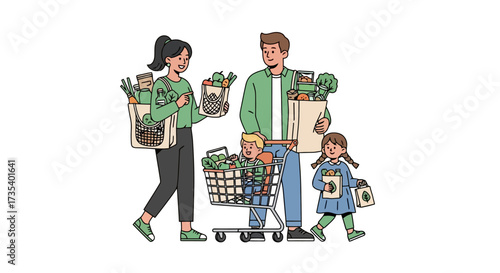 Cheerful family grocery shopping with reusable bags and a full cart, ideal for illustrating healthy eating, family lifestyle, and sustainable living initiatives