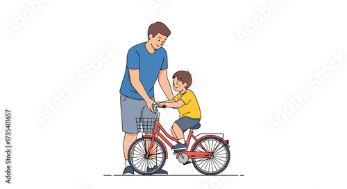 Father Teaches Son to Ride Bicycle on a Bright Day Illustration for Family Activities and Child Development, ideal for parenting resources, educational content, or family-themed advertisements.