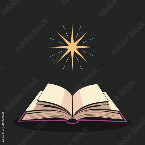 Science Fiction Day.  Open book with spark icon above, creative and educational design on dark background