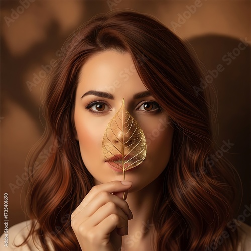 Woman with Golden Leaf - A Portrait of Autumnal Beauty and Reflection.