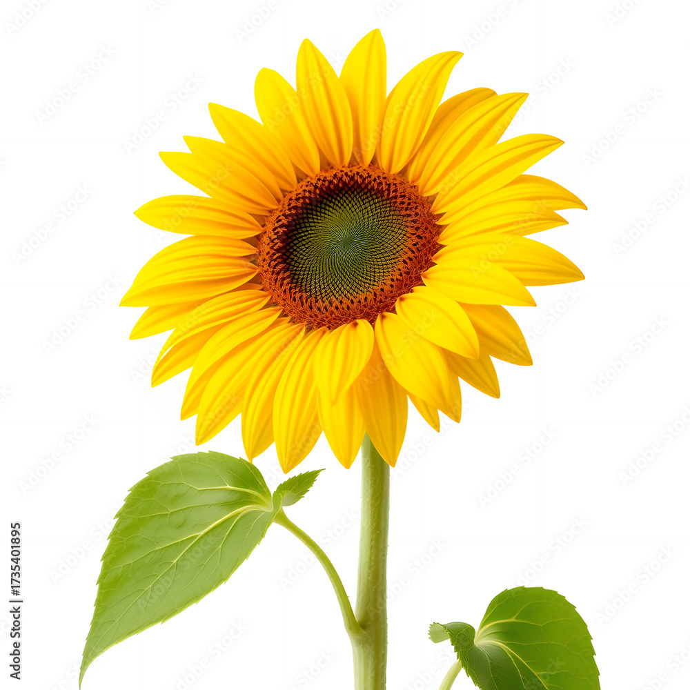 Naklejka premium Bright yellow sunflower with green leaves on white background