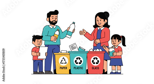 Family Engaged in Eco-Friendly Recycling Practices at Home, Promoting Environmental Awareness and Sustainable Living for a Greener Future.