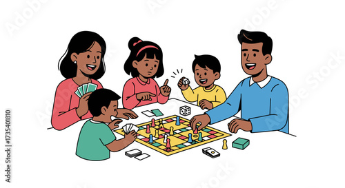 Illustration of a family happily playing a board game together, ideal for depicting family leisure, bonding, and the joy of simple entertainment at home