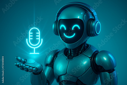 Black robot with headphones and glowing smiling face holding a microphone icon representing voice command digital assistant and audio