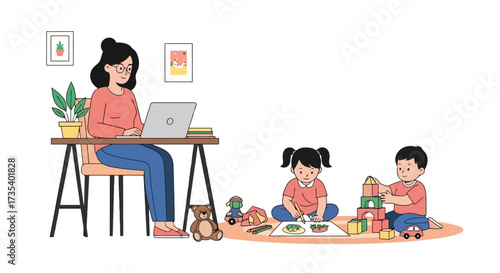 Balancing Act: A Mother Working Remotely While Supervising Children's Playtime, Ideal for Promoting Remote Work Solutions and Family-Friendly Business Practices.
