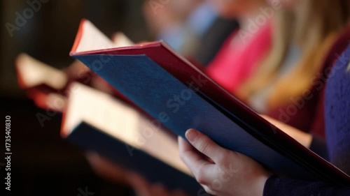 Choir members holding blue and red hymn books while singing