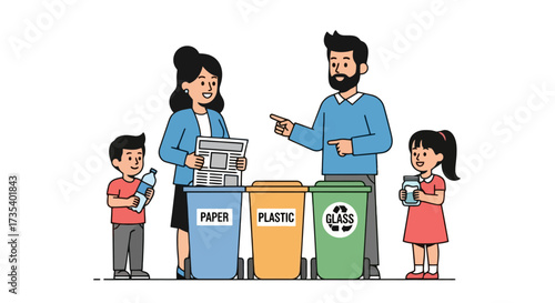 Family Sorting Waste for Recycling, Promoting Environmental Awareness and Sustainable Living Practices, Illustrating Eco-Friendly Habits and Responsible Waste Management