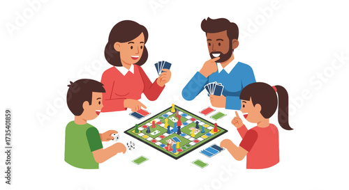 Happy Family Enjoying Quality Time Together Playing a Board Game, promoting family bonding, entertainment, and the joy of shared activities during leisure time.