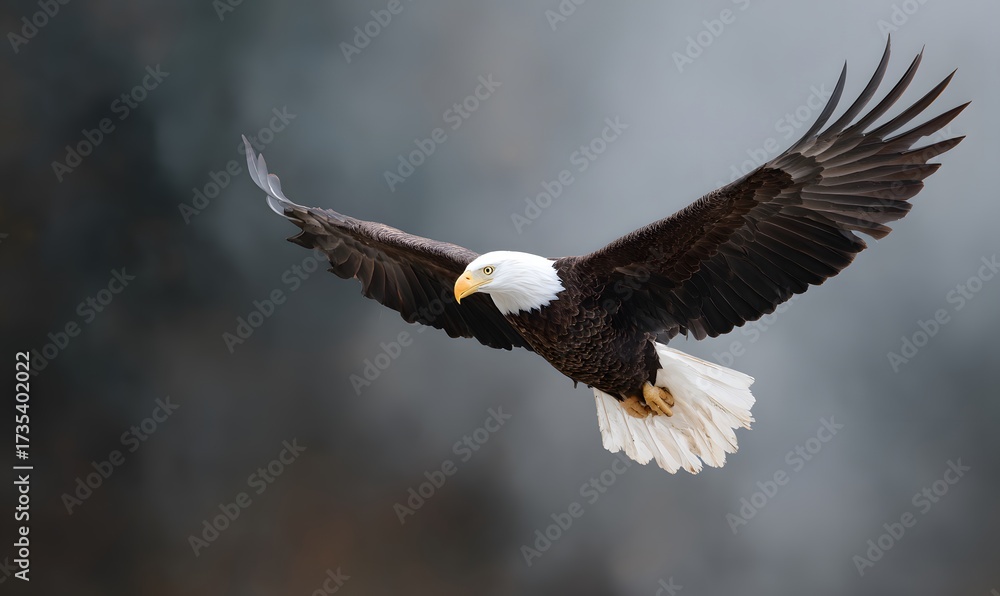 Fototapeta premium a beautiful painterly bald eagle overlaid over a black foggy background