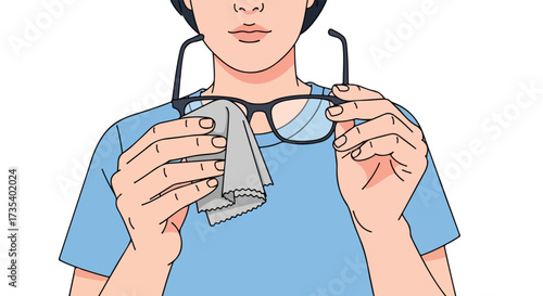 Illustration depicting a person cleaning eyeglasses with a soft gray cloth for better vision and clear perspective of things in life