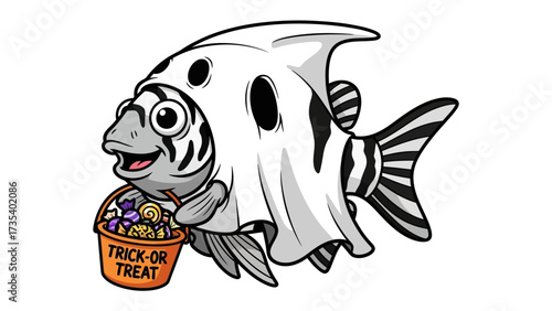 Halloween Fish Character: A whimsical cartoon fish joyfully dressed in a ghost costume, extending a trick or treat bucket, evoking playful and festive ambiance for the season
