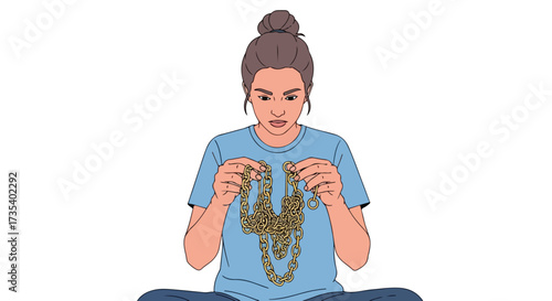 Animated illustration of a young woman with a bun, carefully examining a gold chain with a thoughtful expression, creating a sense of intrigue and