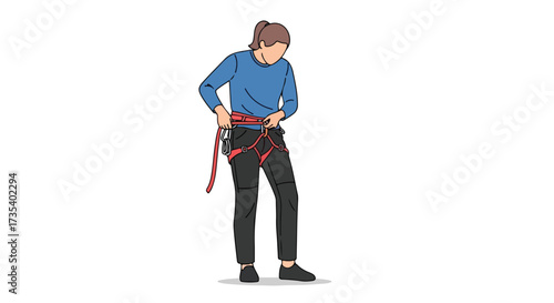 Female climber preparing harness for a safe ascent, showcasing the importance of safety checks before embarking on a challenging climb