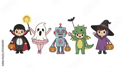 Spooky Squad: A charming ensemble of children dressed in various Halloween costumes, each embodying the essence of spooky, playful fun and celebration.