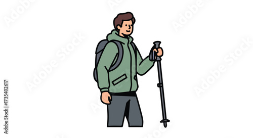 Cartoon illustration of a hiker equipped with backpack and trekking pole enjoying outdoor adventure scenic journey  isolated in white background,