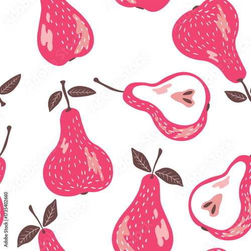 Seamless pattern with pear on color background. Natural delicious fresh ripe tasty fruit. Sweet pears with leaves. Food concept. Vector illustration for print, fabric, textile.
