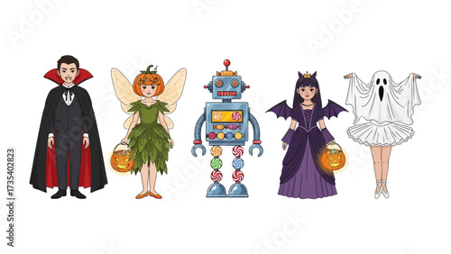 Costume Crew: A playful collection of costumed characters ready for a night of trick-or-treating. Featuring a vampire, fairy, robot, bat, and ghost, this image embodies the spirit of Halloween.