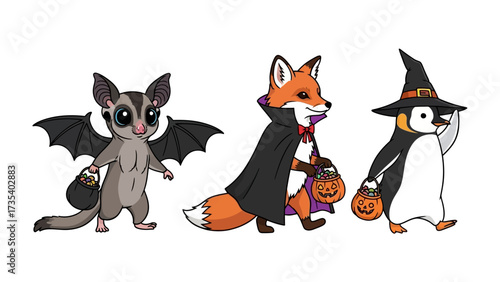 Halloween Animals' Costume Parade: Whimsical illustrations of adorable animals dressed in festive Halloween costumes, ready for trick-or-treating.