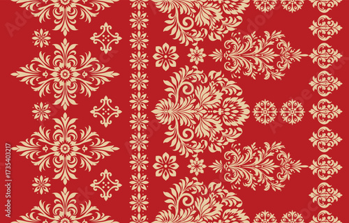 floral pattern vintage ethnic modern embroidery texture boho design vector illustration hand drawn pink flower motif branches leaves wallpaper seamless background border.