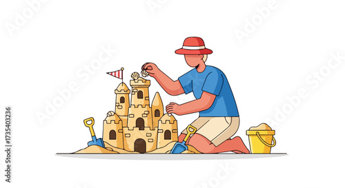 Creative sandcastle construction on the shore with beach elements and a faceless figure wearing a hat, embodying seaside enjoyment and leisure