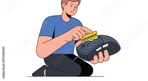 Illustration of a man meticulously cleaning a computer mouse with a yellow brush for maintenance and longevity ensuring optimal functionality of
