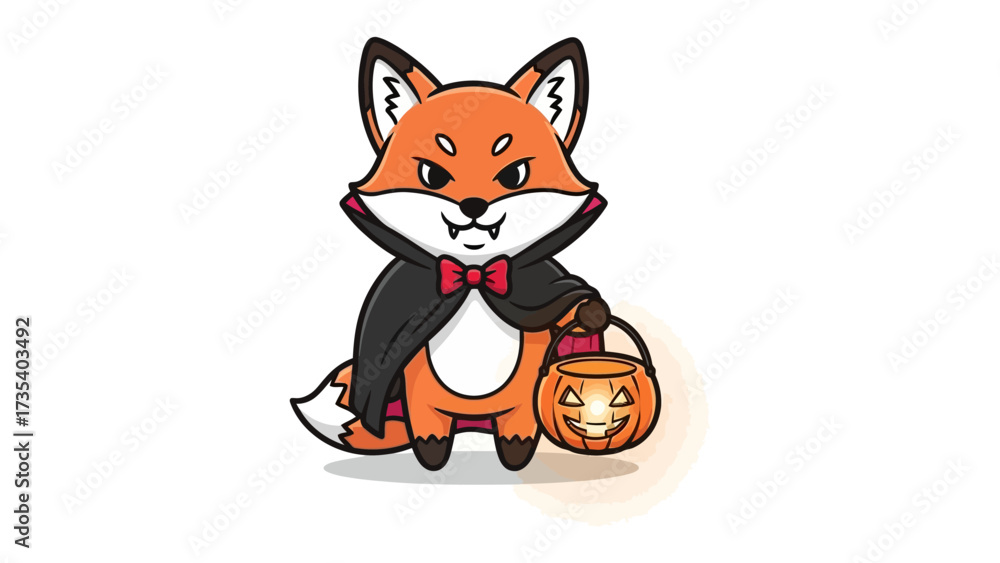 Obraz premium Fox in Halloween: A charming cartoon fox in a Halloween costume, ready to collect candies. The image evokes a sense of spooky holiday fun and lightheartedness.