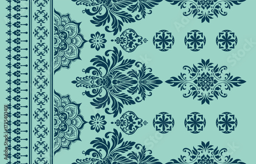 floral pattern vintage ethnic modern embroidery texture boho design vector illustration hand drawn pink flower motif branches leaves wallpaper seamless background border.