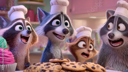 Animated raccoons wearing chef's hats in a bakery setting.