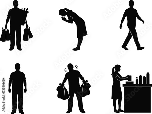 Silhouette people shopping, carrying groceries, walking posture, trash disposal, hygiene action,