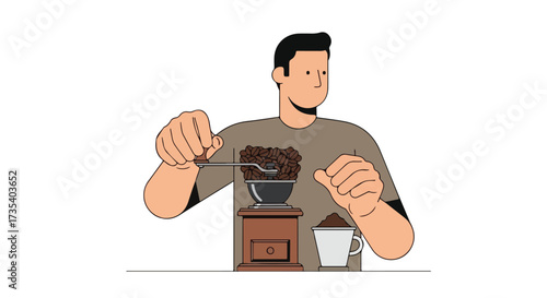 Illustrated man grinding coffee beans with a vintage manual grinder in a minimalist setting preparing beverage enjoyment scene