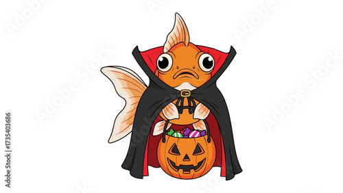 Halloween Goldfish: A whimsical illustration of a goldfish in a vampire costume, holding a Halloween pumpkin bucket filled with treats. A delightful depiction of spooky season fun.