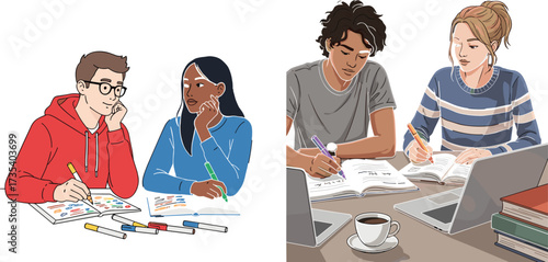 Group study session, students doing homework, writing notes, solving equations, teamwork, colorful stationery, laptops, coffee cup, academic environment, math practice, 