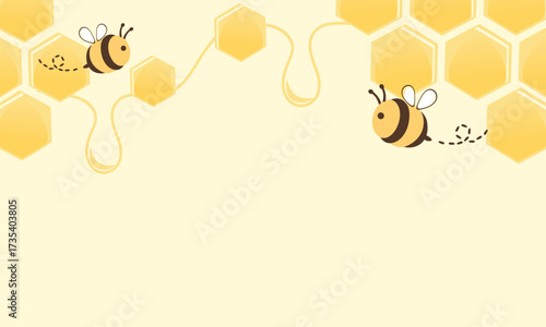 Cute bees with honeycomb border on soft yellow background, playful flight trails and warm hexagon accents, blank space for menu, label, flyer, packaging and social posts
