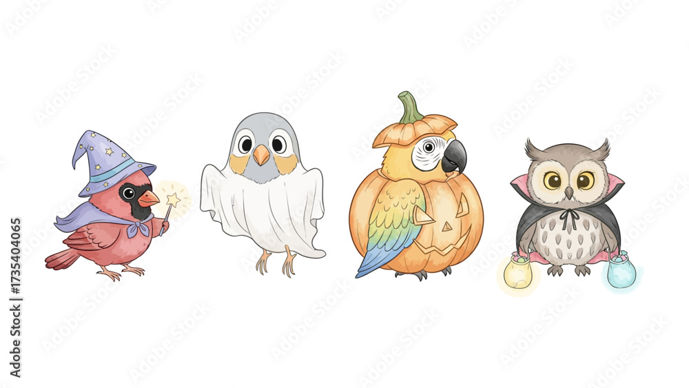 Fototapeta premium Halloween Birds: A charming illustration showcases a delightful group of birds dressed up in playful Halloween costumes.