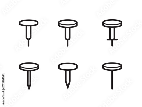 Elegant thumbtack stock vector line art showing six creative minimalist icons