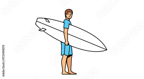 Stylized surfer carrying surfboard cartoon illustration for ocean lifestyle themes or design elements showcasing watersports and recreation related