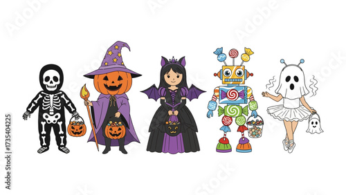 Halloween Costume Fantasy: A vibrant illustration of diverse Halloween costumes, filled with character and ready for trick-or-treating, against a seamless background of pure innocence.
