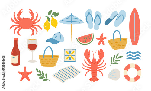 Coastal Summer Icons Set Crab, Lifebuoy, Mediterranean summer vacation illustration set, seafood, lobster, shrimp, olive, shell, cocktail. Coastal collection for card, prints, easily editable.