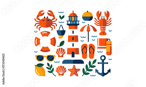 Coastal Summer Icons Set Crab, Lifebuoy, Mediterranean summer vacation illustration set, seafood, lobster, shrimp, olive, shell, cocktail. Coastal collection for card, prints, easily editable.